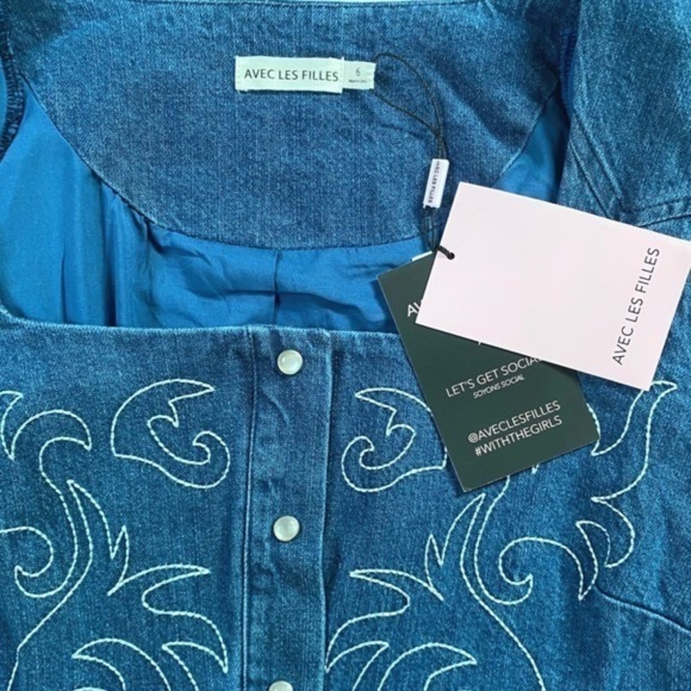 Western Embroidery Avec LesFilles Long Sleeve Denim Minidress PROVENCE WSH 6 NWT - Picture 10 of 14